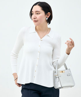 《手洗い可能》リブフレアスキッパーポロ襟カーディガン