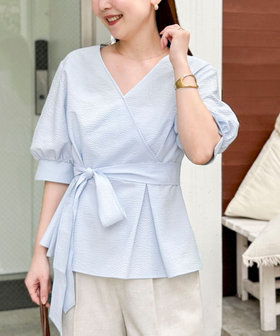 ウォッシャブルサッカーベルト付ペプラムブラウス