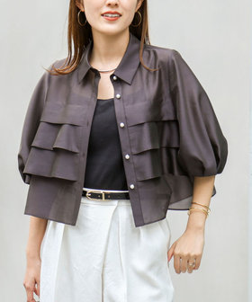 シアーシルキーパール釦フリルブラウス