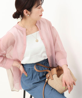 シアーリネンライク配色後ろリボンシャツ