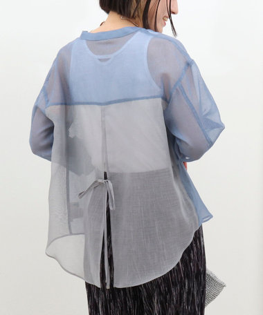 シアーリネンライク配色後ろリボンシャツ