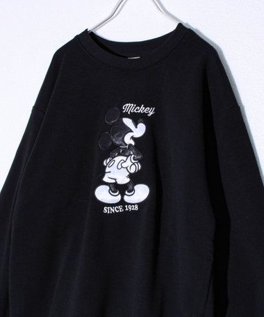 【ミッキー】UNISEX アップリケ＆フロッキー＆横振り刺繍 裏起毛スウェット