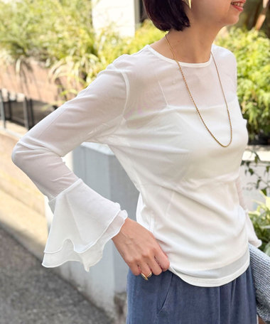 袖ペプラムシアープルオーバーカットソー