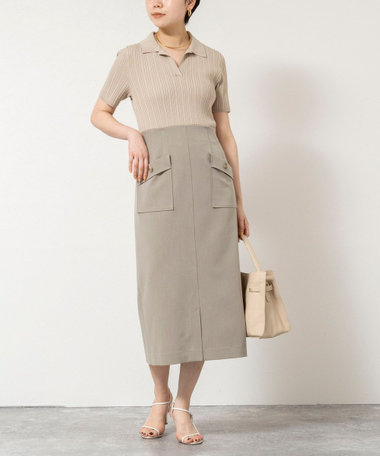 ウォッシャブルポロニットタイトスカートドッキングワンピース