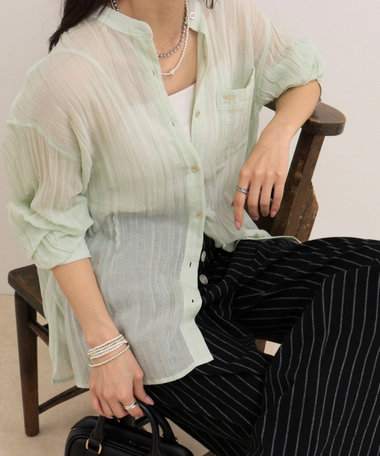 リネン混楊柳バンドカラーシャツ