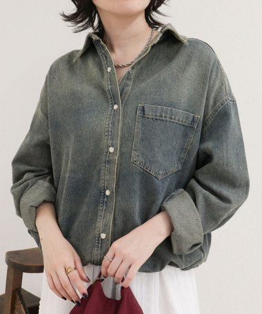 裾ドロストデニム/ホース柄シャツ