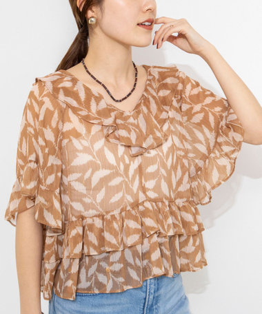 【Import Fabric】ウォッシャブル楊柳リーフ柄フリルブラウス