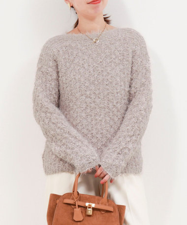 ラメフラワーフェザーモール2WAYネックプルオーバーニット