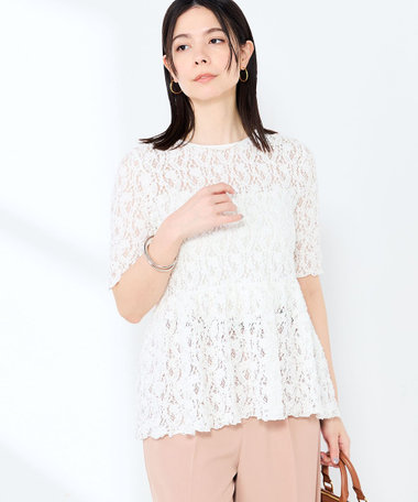 ウォッシャブルストレッチレースペプラム半袖プルオーバー