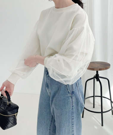 袖チュールポンチプルオーバー