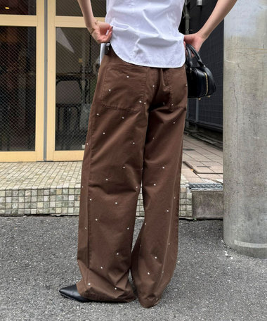 刺しゅう入りコットンツイルルーズパンツ