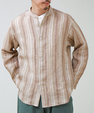 【リネン100％】バンドカラーシャツ