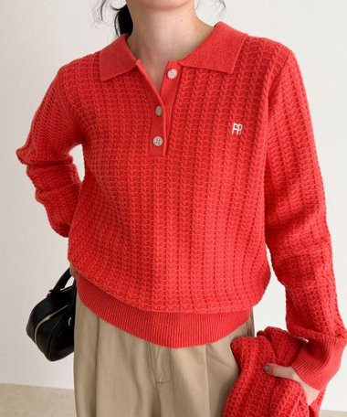 FR刺繍ケーブル柄ポロ衿ニットプルオーバー