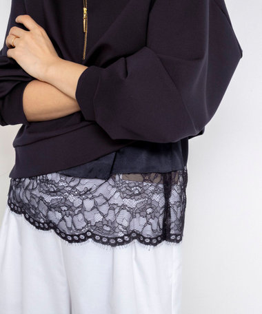 ウォッシャブル裾レースオトナサテンＴシャツ