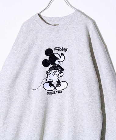 【ミッキー】UNISEX アップリケ＆フロッキー＆横振り刺繍 裏起毛スウェット