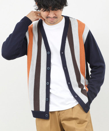 ウォッシャブル 抗菌加工 フロントストライプ 7Gカーディガン 25AW