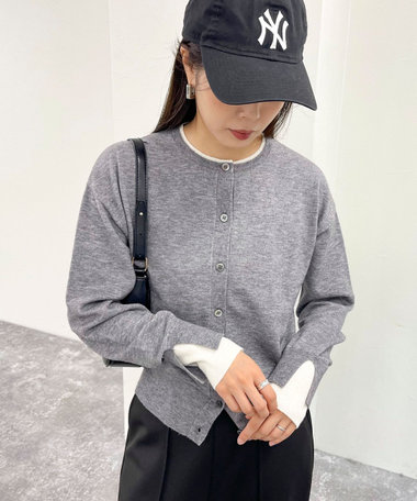 Plage 日本製 ウール ノーカラー ショート丈 コート カーディガン グレー nofl】ウールニットポケット付きカーディガン（2024AW