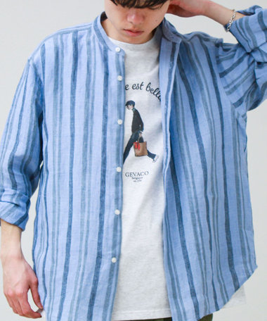 【リネン100％】バンドカラーシャツ