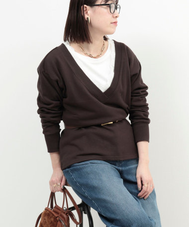 レース付きVネック裏毛プルオーバーカットソー