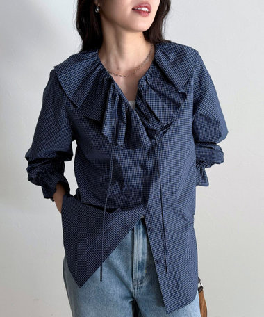 チェックフリルカラーブラウス