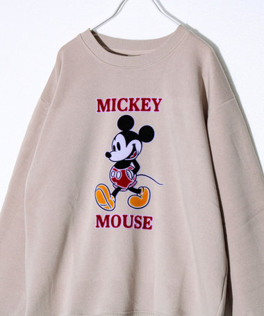 【ミッキー】UNISEX アップリケ＆フロッキー＆横振り刺繍 裏起毛スウェット