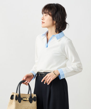 《手洗い可能》シャツレイヤード風スキッパーポロニット