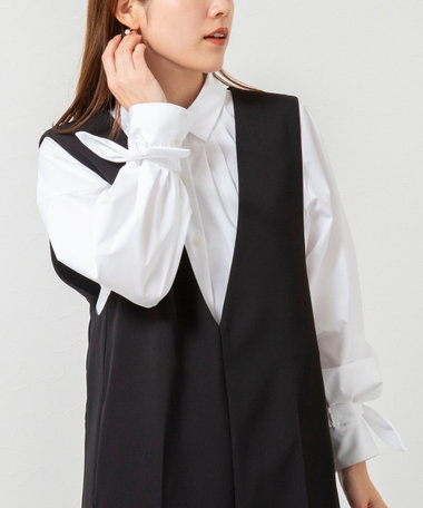 ウォッシャブル袖リボン付きボリュームシャツ