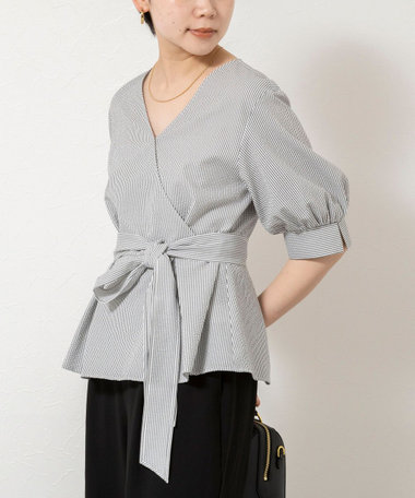 ウォッシャブルサッカーベルト付ペプラムブラウス