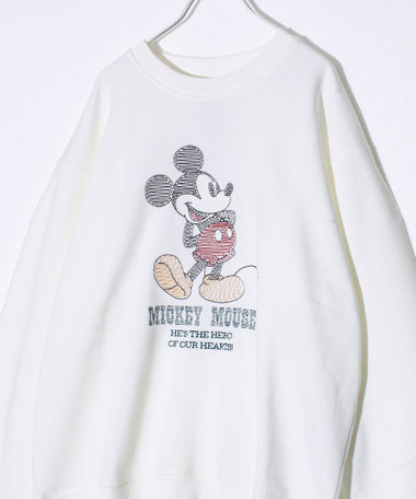 【ミッキー】UNISEX アップリケ＆フロッキー＆横振り刺繍 裏起毛スウェット