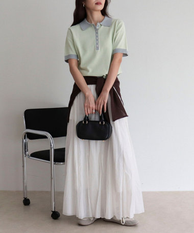 【接触冷感】配色ポロ衿半袖ニットプルオーバー