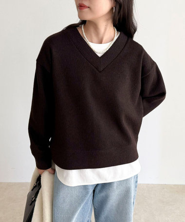リブ見えニットソーVネックプルオーバー