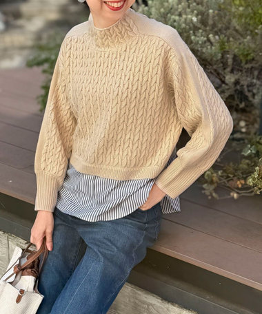 ケーブル柄ジャガード布帛ドッキングプルオーバー