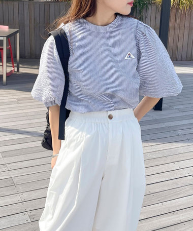 【GEVACO】シアーサッカーギャザースリーブブラウス