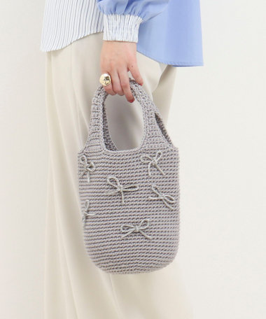 ビジューリボンコード編みトートバッグ