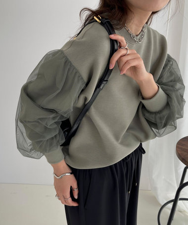袖チュールポンチプルオーバー