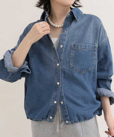 裾ドロストデニム/ホース柄シャツ