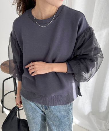袖チュールポンチプルオーバー