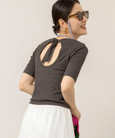 【MAQWEL/マクウェル】ウォッシャブルバックリボン五分袖プルオーバー