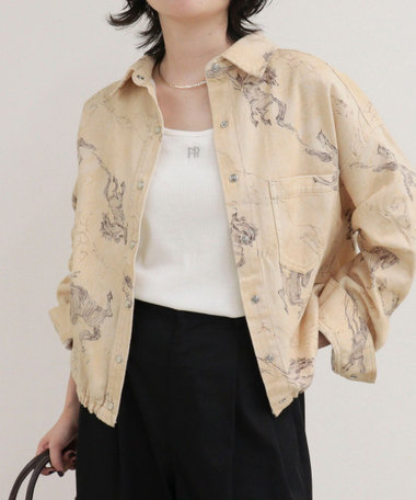裾ドロストデニム/ホース柄シャツ