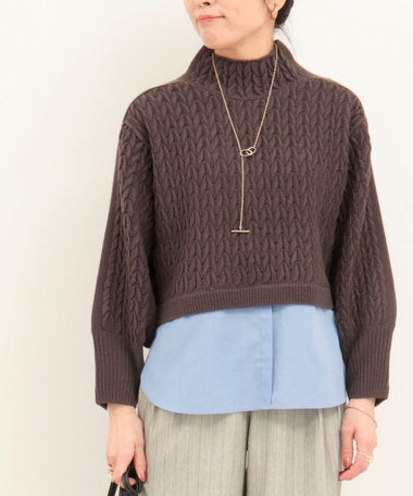 ケーブル柄ジャガード布帛ドッキングプルオーバー