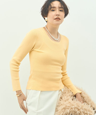 《アンサンブル対応》《手洗い可能》カシミヤ混リブUネックプルオーバー