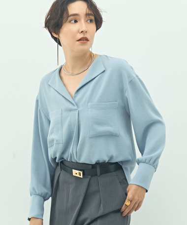 ウォッシャブルバックサテンジョーゼットオープンカラーブラウス