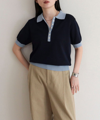 【接触冷感】配色ポロ衿半袖ニットプルオーバー