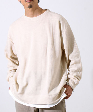 【1枚でレイヤード見え】畦ニットソー裏起毛フェイクレイヤードロングスリーブ