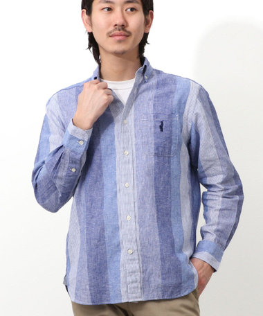 クマ刺繍 BD リネンコットンシャツ