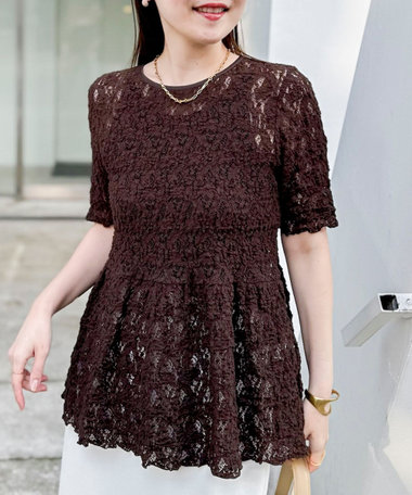 ウォッシャブルストレッチレースペプラム半袖プルオーバー