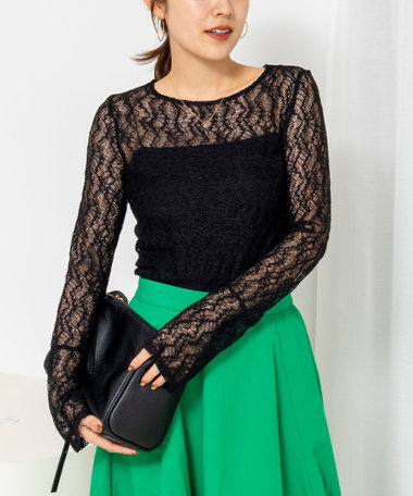 ウォッシャブル袖フレアレースロンＴ