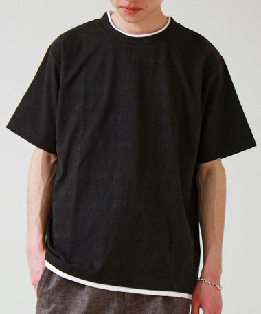 【1枚でレイヤード風】ストライプジャガード フェイクレイヤーTシャツ