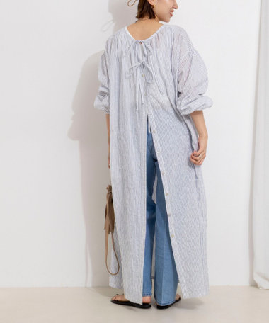 ウォッシャブルシャーリングストライプ2WAYギャザーワンピース