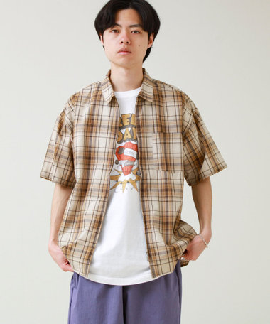 【軽羽織りにおすすめ】シアーチェック 半袖ZIPシャツ